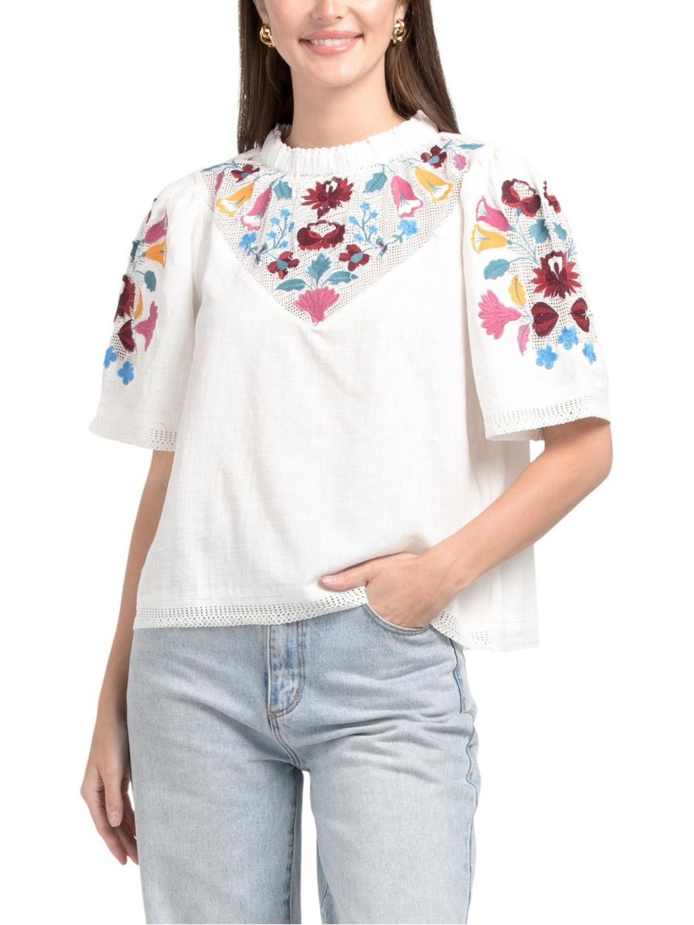 Jennifer & Grace White Linen Embroidered Floral Boho Blouse Top XL